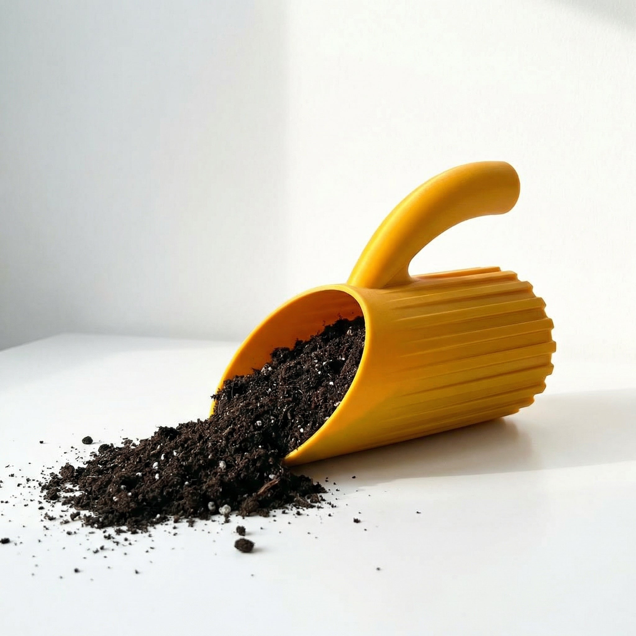 Ribbed Soil Scoop with Handle in use, demonstrating its ergonomic handle and eco-friendly design for gardening.