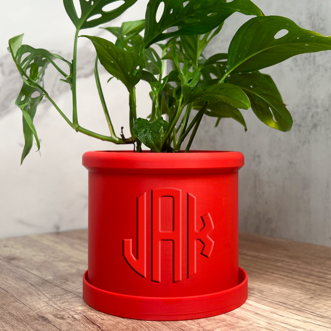 Three Initial Personalized Monogram Round Embossed Planter With Drip Tray