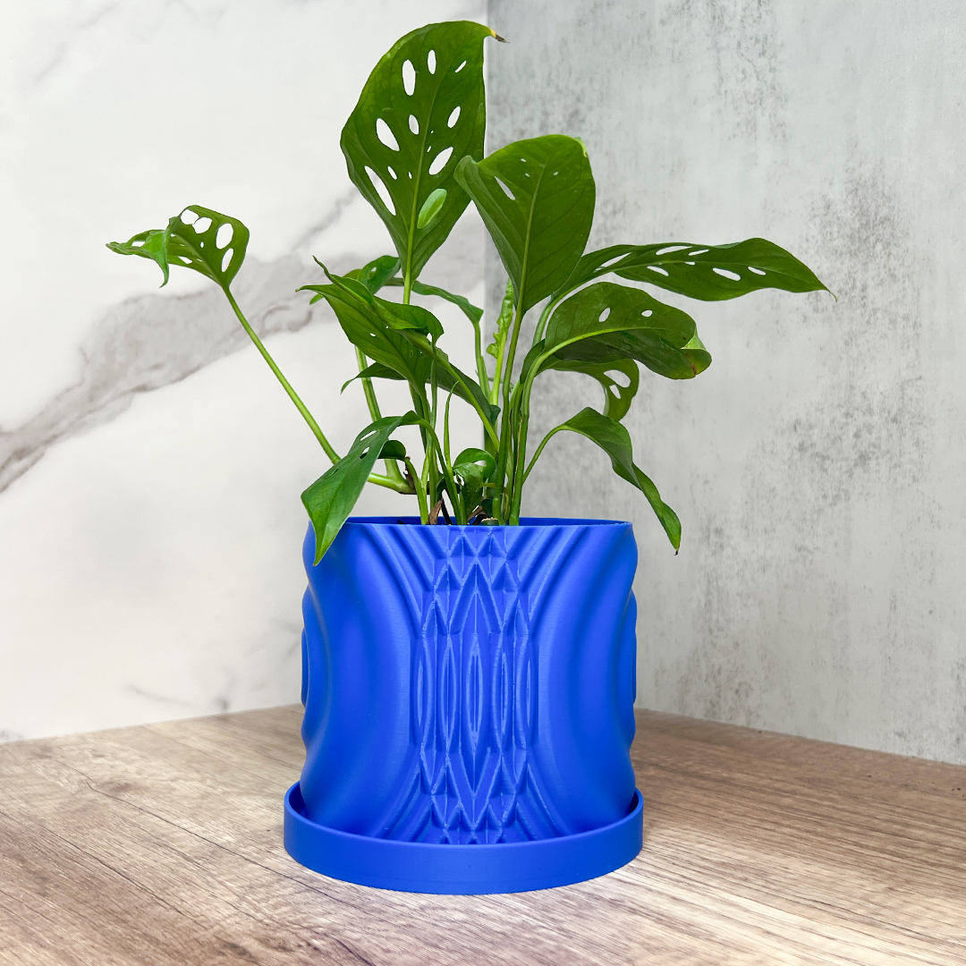 plant pot side view Water Ripple Round Planter With Drip Tray Blue / 3.5 Inch (7.5cm)